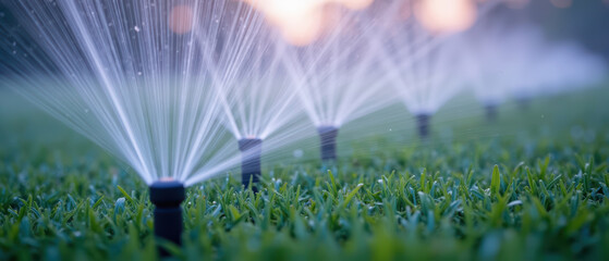 Watering system lawn care irrigation garden sprinklers grass outdoor maintenance landscape summer droplets green technology equipment nature