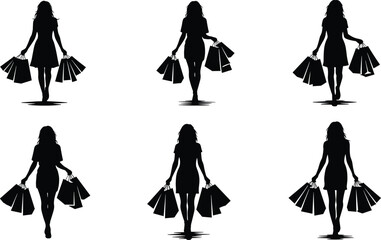 Shopping Silhouettes of Woman Walking with Multiple Bags in Varied Poses on White Background for Fashion and Retail Content