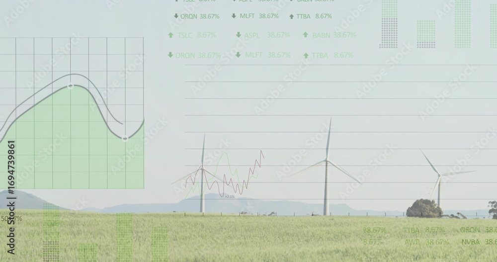 Poster wind farm featuring three rotating turbines in field by hills, with translucent data overlays