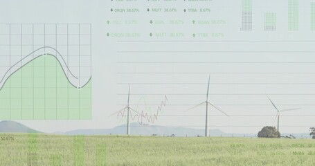 Wind farm featuring three rotating turbines in field by hills, with translucent data overlays
