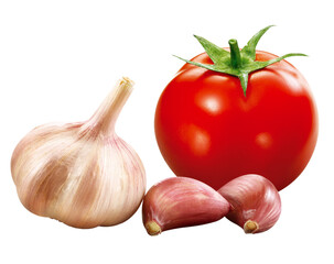 tomate vermelho maduro e alho isolado em fundo transparente