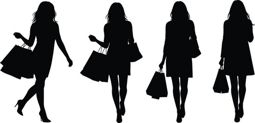 Shopping Silhouettes of Women Walking with Bags in Stylish Poses on White Background for Fashion, Retail, and Design Content