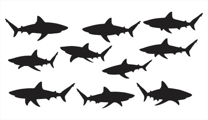 Shark silhouette illustrations, ocean predator vector design, marine wildlife clipart, dangerous sea animals artwork, underwater aquatic life graphics