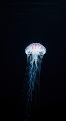 A luminous jellyfish, with crimson stripes, gracefully hangs suspended in a dark ocean depth.