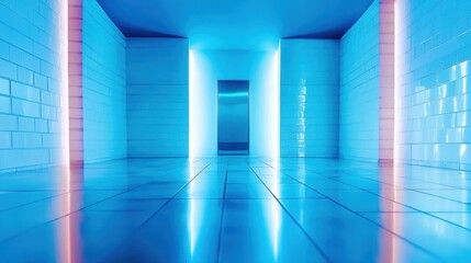 Fototapeta premium Modern hallway illuminated by blue neon lights in minimalistic design