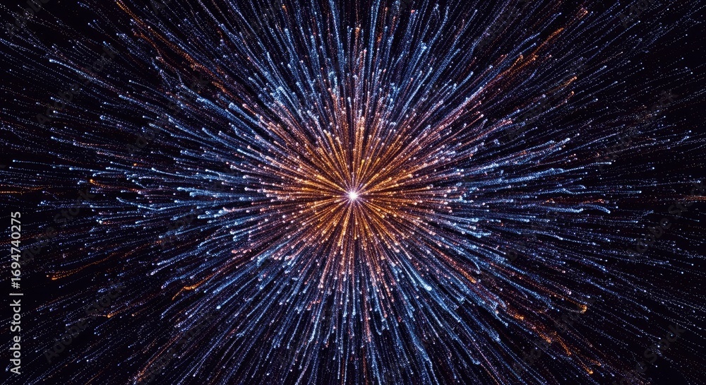 Poster bright center radiates shimmering blue and gold particle streaks outwards on a dark background formi