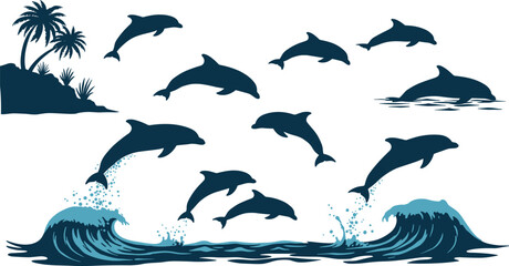 Naklejka premium Jumping dolphin silhouettes, ocean waves vector design, tropical island scenery, marine wildlife illustration, sea life artwork, aquatic animals
