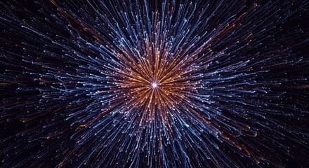 Obraz premium Bright center radiates shimmering blue and gold particle streaks outwards on a dark background forming a dynamic star-like visual display