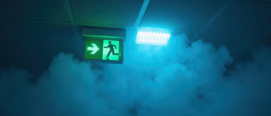 Emergency exit sign blue light smoke safety illumination escape route emergency lighting indoor ceiling direction warning fog visibility alert