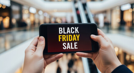 Hands holding a smartphone displaying black friday sale in a shopping mall with escalators behind it
