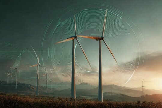 Wind turbines at sunset with digital overlay
