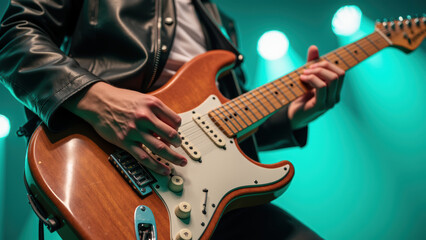 Obraz premium Musician passionately plays electric guitar on stage, showcasing skill and energy under vibrant lights