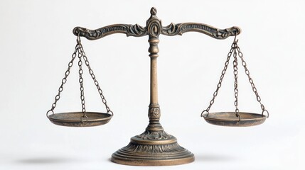 A vintage brass scale with ornate arms and weights, set against a plain white background.