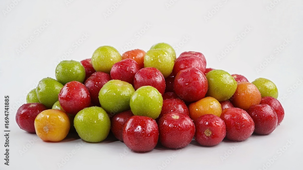 Poster a pile of fresh, ripe cherries with a mix of red and green cherries, placed on a white background wi