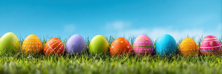 Colorful Easter eggs in a row on a fresh green grass among blue sky. Copy space for text. Chicken eggs of different solid colors. Festive decorated Easter pattern vibrant colour. Easter greeting card