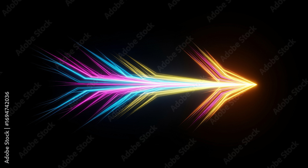 Aufkleber a glowing arrow made of neon lights pointing to the right on a black background in a digital renderi