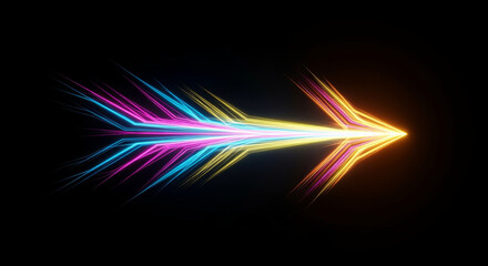A glowing arrow made of neon lights pointing to the right on a black background in a digital rendering