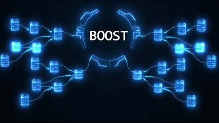 Digital network connection boost concept glowing blue nodes and lines connecting to central hub with word boost abstract technology data flow communication system