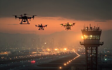Drones over a city at sunset near an airport