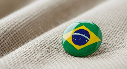 Brazil flag button on burlap fabric, close-up.