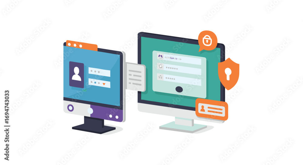 Aufkleber secure online authentication process with isometric computer displays and password protection