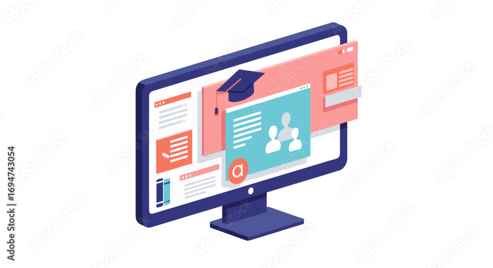 Poster isometric online learning concept with computer and educational elements