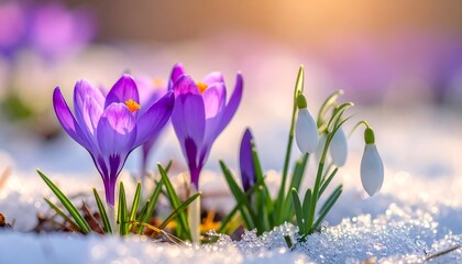 Spring flowers emerging from snow
