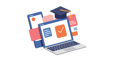 Online learning concept with laptop and mobile devices in modern flat design