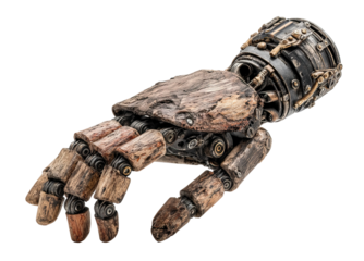 Rustic wooden robotic hand with mechanical details, isolated on transparent cutout background