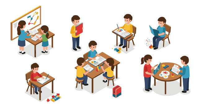 Isometric classroom activities with children reading, writing, and collaborating