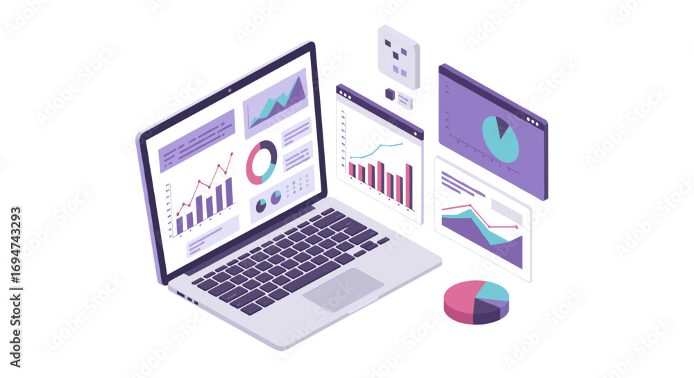 Poster isometric data analytics on laptop with interactive charts and graphs for business insights