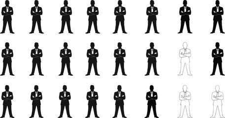 Standing Male Silhouette Grid with Arms Crossed Featuring Visual Variations for Design, UI Testing, and Character Content