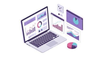 Isometric data analytics on laptop with interactive charts and graphs for business insights
