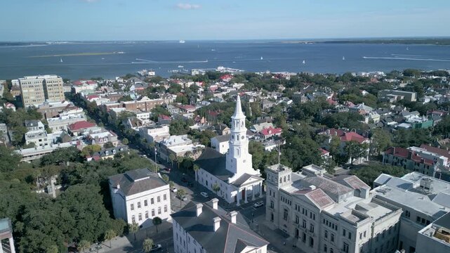 Charleston South Carolina aerial drone shot of the city during the day.