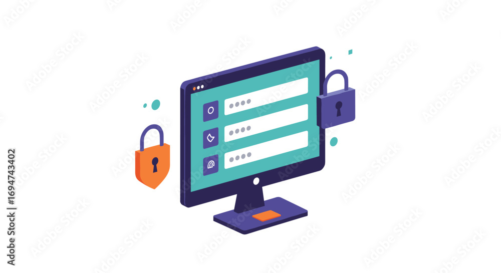 Aufkleber secure online access with computer and locks in isometric design