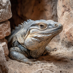 Fototapeta premium Lizard is resting in a warm, rocky environment with sunlight illuminating its textured skin and surroundings