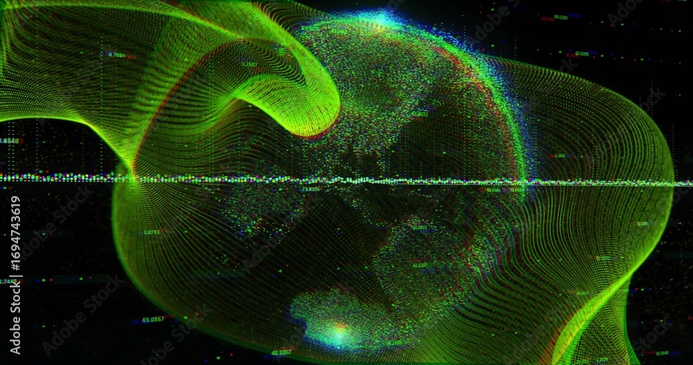 Poster wireframe globe rotating in digital void, with neon contours waveform, alphanumeric glitch clusters