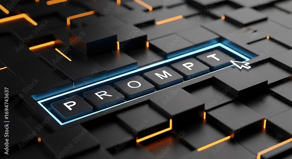 Poster abstract futuristic keyboard with glowing prompt button - ai, technology, digital concept.