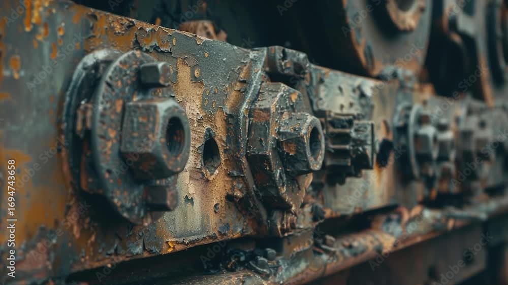 Poster a close-up view of a rusty metal structure, perfect for use in scenes where decay and neglect are th