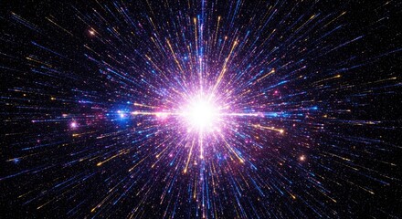 Bright cosmic burst radiating colorful luminous streaks across a dark star-filled expanse