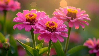 Obraz premium Pink Zinnia flowers in sunlight