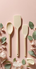 Pastel-colored kitchen utensils on a pink background