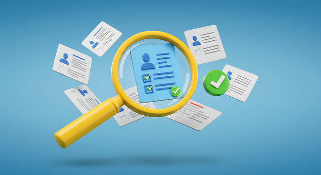 A magnifying glass focuses on a resume amidst other resumes, highlighting the job search process.