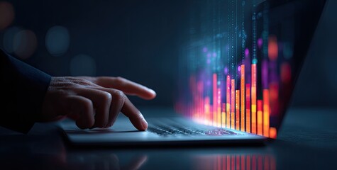 Person using laptop with glowing data visualization