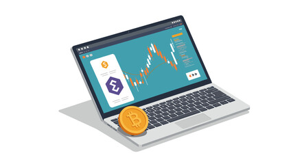 Digital cryptocurrency trading on laptop with analytics chart
