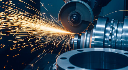 Close-up of metal grinding sparks, industrial process.