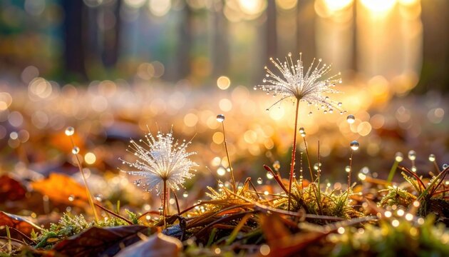 Dandelion seed heads with dew drops in forest sunlight - Powered by Adobe