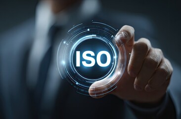 Businessman interacts with a digital ISO symbol