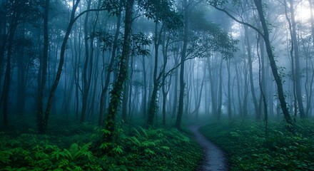 Obraz premium Mysterious foggy forest path with lush green vegetation