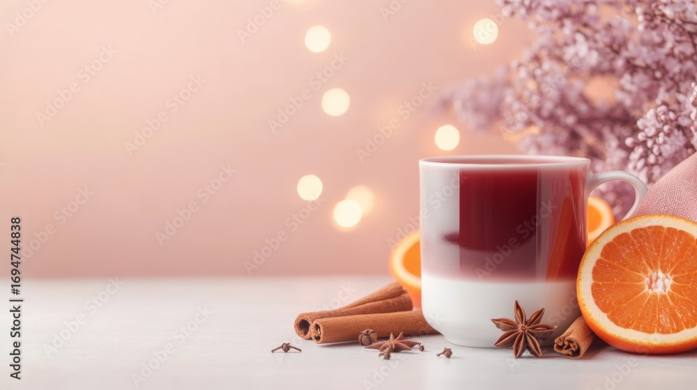 Poster warm beverage with spices and citrus on a cozy table setup in soft light